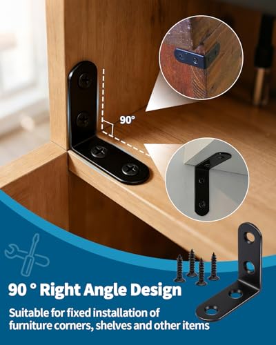 Image of 12 PCS 1.57'' x 1.57'' Stainless Straight Flat Brackets, Black Flat Metal Brace Bracket, Support Flat Metal Brace for Wood Furniture, Mending Plate Connector Joining Bracket for Fence,48 Screws