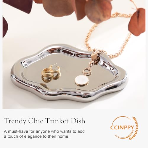 Image of CCINPPY Ceramic Jewelry Tray Trinket Dish, Decorative Cloud Vanity Key Tray for Women, Ring Holder Dish, Cute Jewelry Plate Bowl Room Decor Aesthetic, Silver, Large