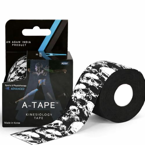 Image of A-Tape Kinesiology Tape 5Cm x 5MTR Roll | Cotton Waterproof Elastic Sports Tape for Muscle Support, Pain Relief, Injury Recovery, Physiotherapy & Joint Stability (Made in Korea) (Color-Skull)