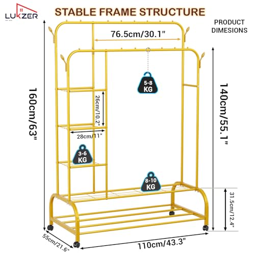 Image of Lukzer Metal Garment Stand with 6 Shelves & Double Rods, Heavy-Duty Clothing Rack with Side Hooks & Wheels, Multi-Functional Storage Organizer for Bedroom, Laundry & Entryway - (MGS-008 /Gold)