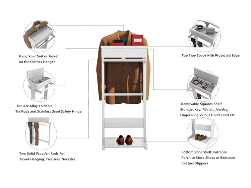 Image of Wooden Garment Rack Clothes with Shoe Shelf, Freestanding Valet Stand with Storage Organizer, Valet Stand Stores Wallet, Jewelry, Watches, Keys in Entrance, Office, Bedroom, White