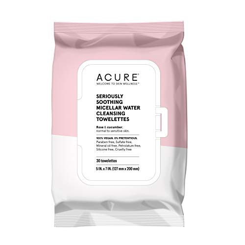 ACURE Seriously Soothing Micellar Water Towelettes | 100% Vegan | For Dry to Sensitive Skin | Rose & Cucumber - Gently Removes Makeup and Cleanses | Simply Wipe & Go | 1 Pack
