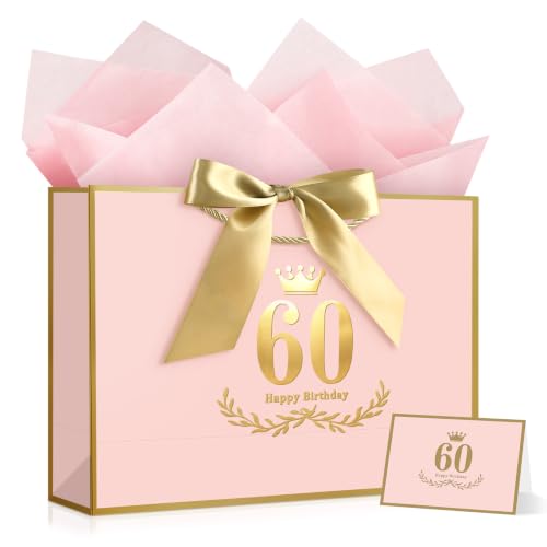 Image of JMANNI Pink Gold 60th Birthday Gift Bag with Card and Tissue Paper, 12.6 inchx8.66 inchx3.9 inch Elegant Present Bag for Men Women, 60 Year Old Birthday Keepsake Party Supplies