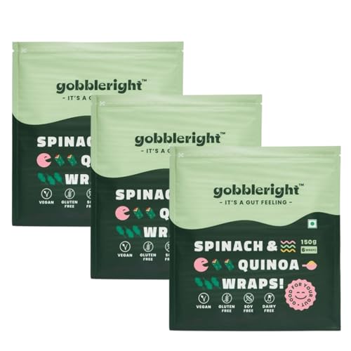 GOBBLERIGHT Spinach & Quinoa Wraps 150g (6 Wraps - Pack of 3) – Low-Calorie, High-Protein, Low GI, Iron & Calcium-Rich, Fibre-Packed, Vegan & Gut-Friendly