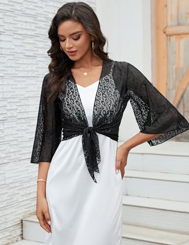 Image of Totatuit Women's Short Cardigan Bolero Sheer Shrug Tie Open Front Bell Sleeve Summer Cropped Bolero Cardigan