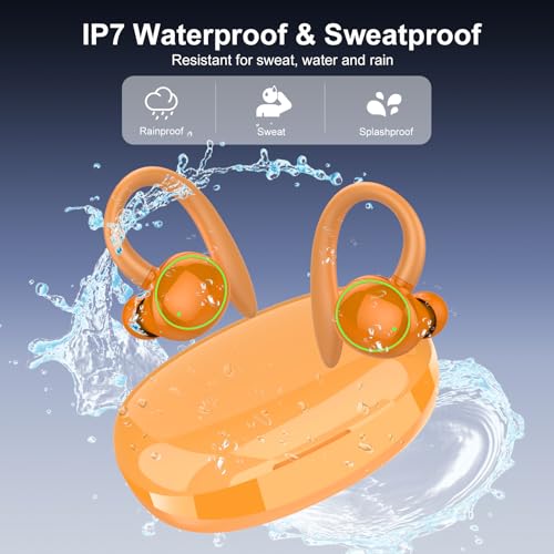 Image of Wireless Earbuds, Bluetooth 5.4 Headphones Sport, Over Ear Buds With ENC Noise Cancelling Mic, 48H, Wireless Earphone With Earhooks, Stereo Deep Bass, IP7 Waterproof for Workout Running, Orange