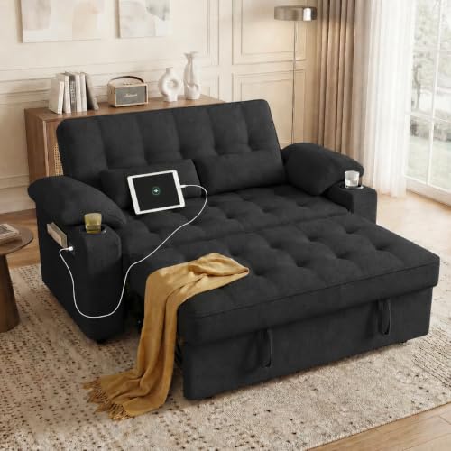 tiramisubest 58'' Convertible Sofa Bed with USB Charger and Cup Holders, Teddy Fabric Loveseat Pull Out Couch with Adjustable Backrest and Side Pocket for Small Space (Black)