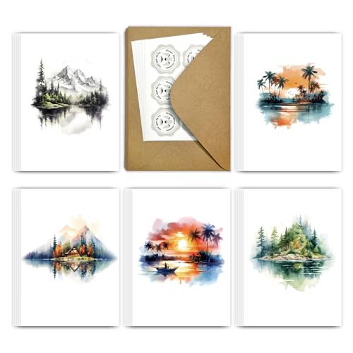 Tashchow 25 Watercolor Landscape Greeting Cards All Occasion Blank Note Cards with Envelopes (Landscape 5x5)