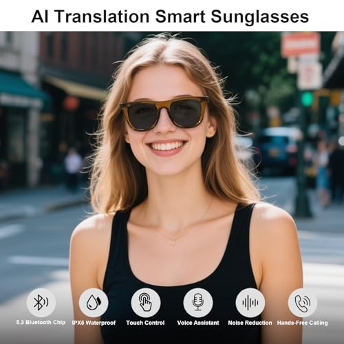 Image of AI Smart Glasses with Wear Detection Auto On /Off Outdoor Mode | Real-Time Translation Glasses in 165+ Languages, UV400 Polarized Bluetooth Smart Sunglasses for Traveling Relaxing, Unisex.