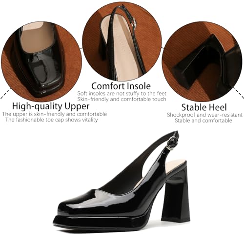 Women's Patent Leather Platform Slingback Pumps with Adjust Buckle Strap Fashion Comfort Square Toe Chunky High Heels Uniform Dress Shoes for Party Date Wedding3