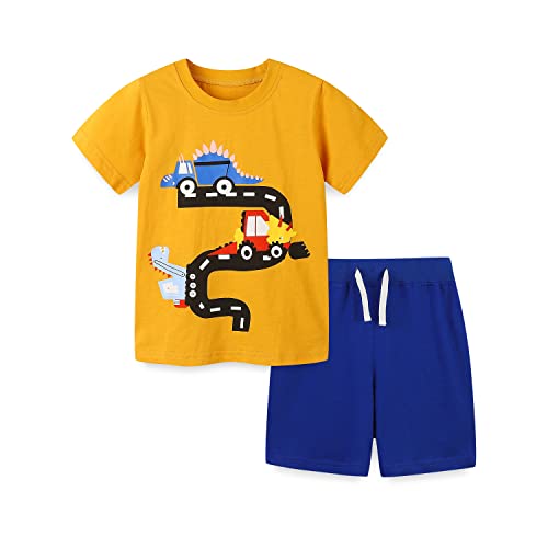 Image of HILEELANG Boy Short Sets Outfits Summer Easter Cotton Casual Tee Shirt Blue Shorts Beach Playwear Set 6 Years