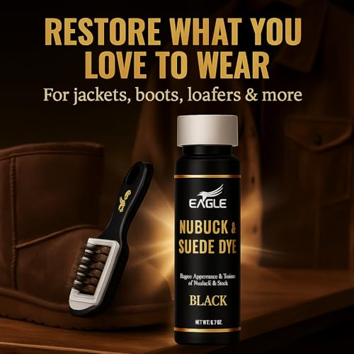 Eagle Nubuck & Suede Dye Black with Applicator & 3-Way Suede Brush - Suede Color Restorer for Shoes, Boots, Jackets, Purses & More - Black Suede Dye & Conditioner4