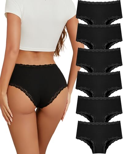 ALL OF SHE 6er Pack Unterhosen Damen Baumwolle Unterwäsche Frauen Brazilian Slip Damen Spitze Sexy Taillenslip Atmungsaktiv Slips Mehrpack M