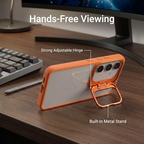 Image of amazon basics Frosted Matte Case for Samsung Galaxy A55 5G | Built-in Flip-Out Camera Lens Stand | Translucent Back with Contrast Orange Bumper | Shockproof Protective Cover with Foldable Kickstand
