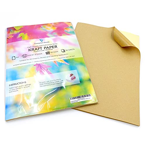 Evergreen Goods Brown A4 50 Hojas 80gsm | Hojas De Papel Kraft Autoadhesivo | Inyección De Tinta Y Láser | Etiquetas Y Pegatinas Gráficas Hd | Papel Adhesivo Imprimible Para El Hogar La Oficina Etc