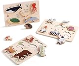 OESSUF Holzpuzzles für Kinder ab 1 2 3 Jahr, 3er-Pack Steckpuzzles mit Meerestiere Waldtiere Weltraum Greifpuzzle Holzpuzzle Baby, Sortierspiel Lernspielzeug Holz Montessori Spielzeug