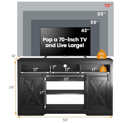 Image of RoyalCraft Farmhouse TV Stand for 23 inch Fireplace, 34'' Tall Entertainment Center for 65+ Inch TV, 34 inch Tall Rustic TV Console with Sliding Bar Door for Living Room Black