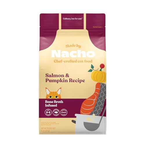 Made by Nacho Dry Cat Kibble 4lb Bag, High Protein and Grain-Friendly Premium Cat Food, Sustainably Caught Salmon and Pumpkin, Infused with Bone Broth for Hydration, Limited Ingredients, Single Bag