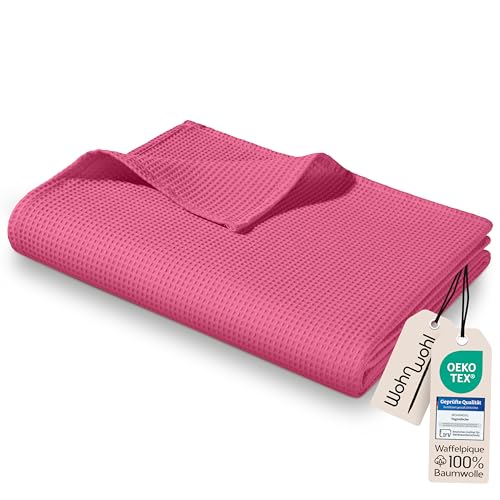 WOHNWOHL® Tagesdecke (150x200cm) • Leichte Waffelpique Decke • 100% Baumwolle • Sommerdecke • Sofa-Decke • Pflegeleichte Wohndecke • Überwurfdecke • Baumwolldecke • Farbe: Rosa