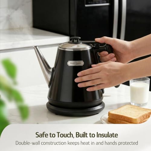 Image of Hazel Quinn Electric Kettle - 1L /34oz Small Tea Kettle, 800W Fast Boil, All 304 Stainless Steel Interior, Double Wall for Cool Touch and Thermal, Auto Shut-Off, BPA-Free, Cordless - Jet Black