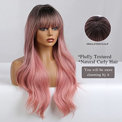 OUFEI 24 Inches Ombre Pink Natural Long Wavy Synthetic Hair Wigs for Women with Dark Roots for Daily Party Cosplay Use - Image 2