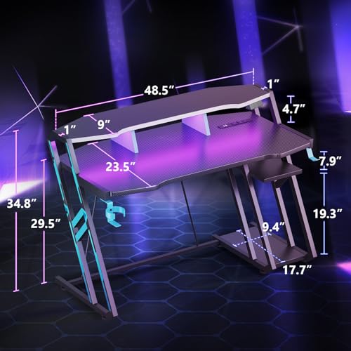 MOTPK Gaming Desk with Power Outlet & LED Lights, Computer Desk 48 Inch with PC Storage Shelf, Gaming Table with Carbon Fiber Texture, Gamer Desk, Gift for Boys Men, Black - Image 4