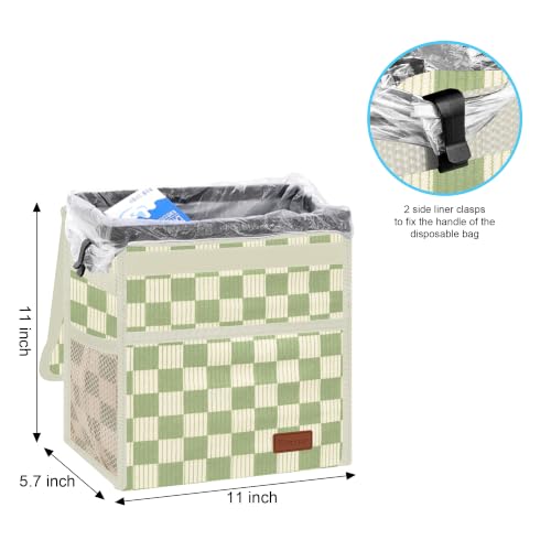Image of Femuar Leak Proof Car Trash Can with Lid, Collapsible Hanging Waterproof Car Trash Bag with Mesh Pocket for SUV Front Seat Headrest, Large /Beige Light Green Plaid