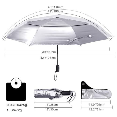 image for G4Free UPF 50+ UV Protection Travel Umbrella 46 Inch Windproof Silver 