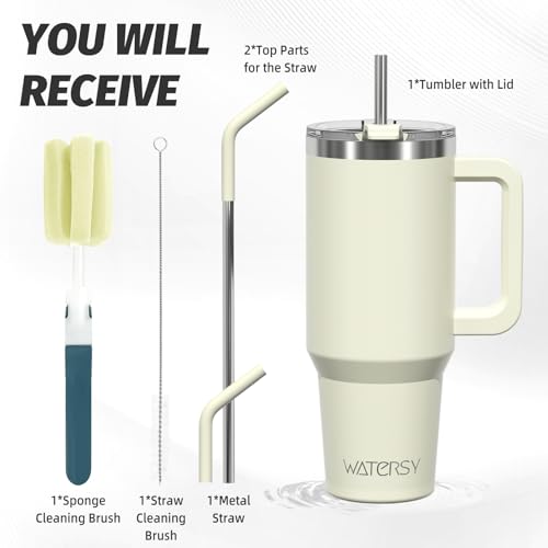 Image of 40 oz Tumbler with Handle,Tumbler with Lid and Straw,Double Wall Insulated Cup Stainless Steel Travel Mug(Cold for 34 Hours),Water Bottle for Iced Tea,Coffee,Cold Beverages(Cream White)