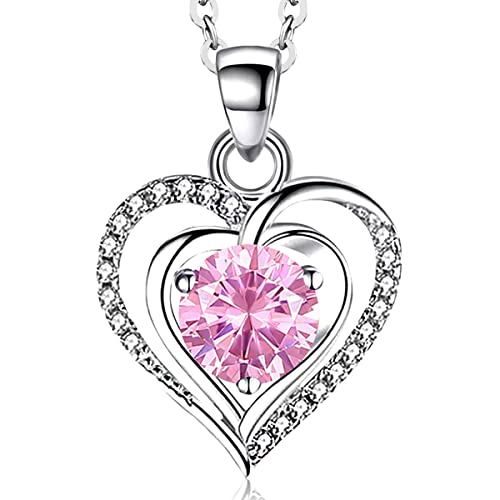 RIVIKO Heart Birthstone Pendant Necklace for Women 925 Sterling Silver Zirconia Necklaces Wedding Anniversary Birthday Mothers Day Jewelry Gifts For Her Mother Wife