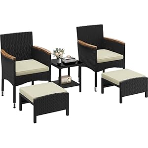 Yaheetech 5-delige set rotan tuinmeubelen balkonmeubels klein balkon met 2 enkele banken & 2 voetenbank & 1 koffietafel, terrasmeubel buiten, zwart en beige