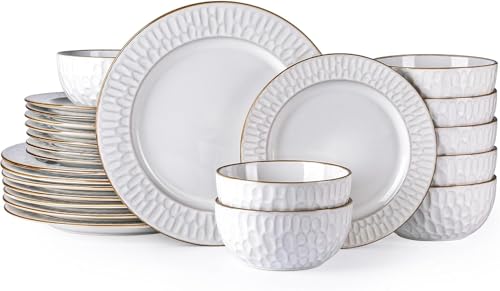 GBHOME Ceramic Dinnerware Sets, 24 pcs Embossed Elegant Stoneware Plates and Bowls Sets, Housewarming Wedding Gift | Dishwasher & Microwave Safe | Dishes Set Service for 8