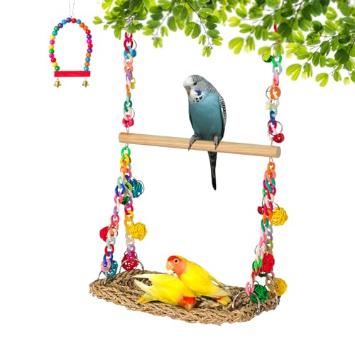 Image of Natural Bird Swing Toys with Wood Perch,Double Layer Bird Seagrass Woven Climbing Hammock with Chewable Perch Stand Chewing Toy for Parakeets,Budgies,Conures,Cockatiels,Lovebirds