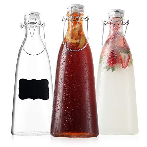 Ceramic Flip Top Glass Bottles - Bottles with Swing Top Lids â€“ Clear Bottles with Stopper - Swing Top Bottles for Beverages, Smoothies, Kefir, Soda, Juicing, Kombucha, Water, Milk, Oil and Vinegar (3 Pack 50 Oz)
