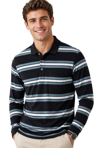 Image of SANE ORIGINALS Full Sleeves Polo Collar Tshirt for Men with Pocket || Stripe Collar and Pocket Tshirt for Men Long Sleeves Navy Blue