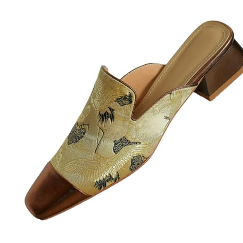 Retro Elegant Crane Embroidery Slippers for Women Satin & Ultra-Suede Upper Anti-SlipRubber Soles Indoor Outdoor Slippers