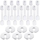 12 Pcs Child Safety Locks No Drilling Baby Proofing Cabinet Latches Multi Use Adjustable Adhesive Straps Locks and 6 Pcs Door Pinch Guard and Door Slam Stopper for Drawers Door Fridge More