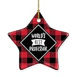 Andaz Press Star Ceramic Porcelain Christmas Tree Ornament Keepsake Gift, World's Best Professor, Plaid, 1-Pack, Birthday Gift Ideas Coworker Him Her, Includes Gift Box