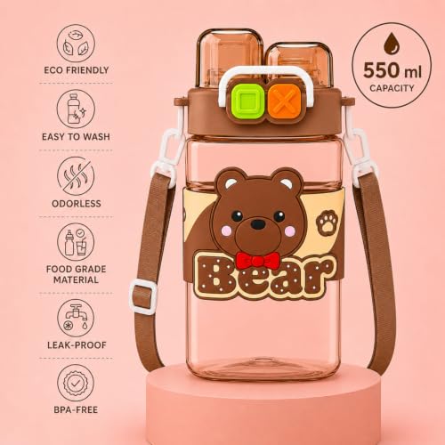 Image of Toy Imagine Cute Bear Water Bottle for Kids(550ml) BPA-Free Leak-Proof Sipper Bottle with Straw, Dual Drinking Lid, Carry Strap & Handle, Cute Cartoon Water Bottle for School, Travel & Outdoor Activities (Brown)