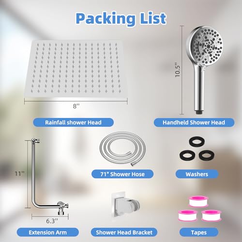 Image of 8 inch Metal Rainfall Shower Head with 10-Mode Handheld, Chrome
