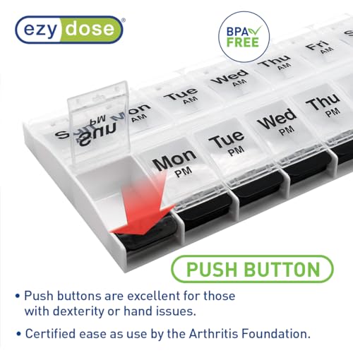 Image of Ezy Dose Weekly (7-Day) AM /PM Pill Organizer, X-Large Case, Clear /Black | Daily Vitamin Box & Supplement Planner, 2 Times a Day Push Button Compartments, Arthritis-Friendly, Travel-Friendly, BPA-Free