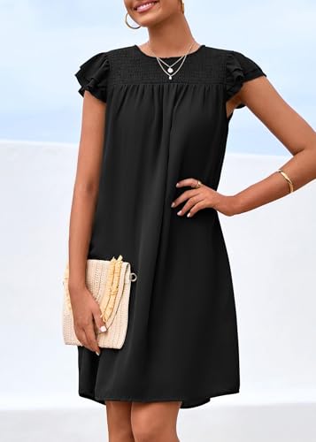 Image of KIRUNDO Wedding Guest Shift Dresses for Women Short Spring Summer Ruffle Cap Sleeve Chiffon Babydoll Flowy Mini Sundress