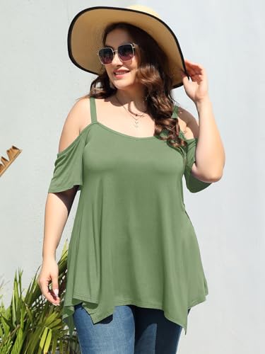 Image of LARACE Cold Shoulder Tops for Womens Summer Clothes Spaghetti Strape Tunic Oversized Shirts Asymmetrical Plus Size Blouse
