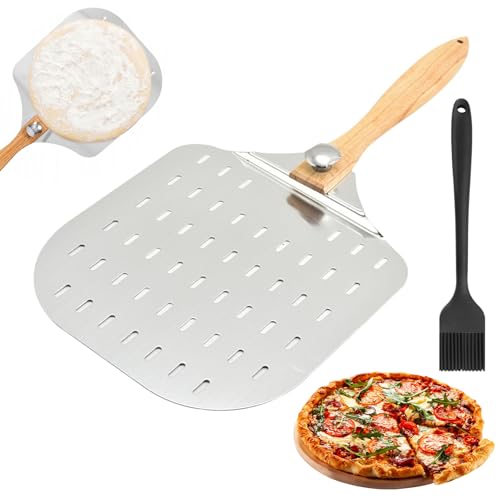 Pizza Peel 12 inch, Aluminum Pizza Spatula with Wooden Handle, Professional Perforated Pizza Peel for Outdoor Pizza Oven Accessories, with 1 Brush