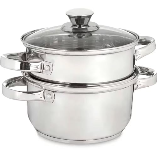 Olla Vaporera con Tapa de 3 Litros para Cocinar al Vapor, Olla Acero Inoxidable de 18cm Apta para Inducción, Olla Grande Vaporera con Tapa de Cristal