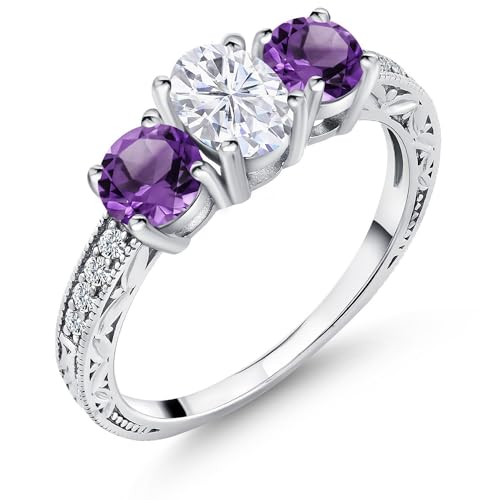 Gem Stone King 1.97 Cttw 925 Sterling Silver Purple Amethyst and Moissanite 3-Stone Engagement Ring For Women | 3 Stone Wedding Anniversary Promise Ring For Women | Size 5,6,7,8,9