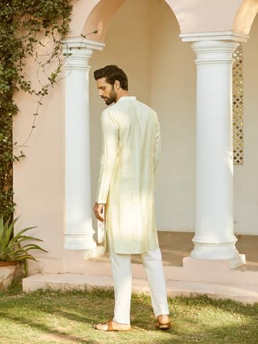 Image of See Designs Men Full Sleeve Chanderi Silk Sequins Mandarin Collar Side Slit Kurta With Pyjama