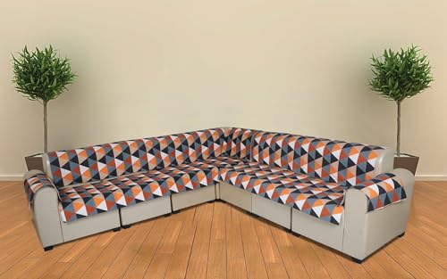 Image of l Shape Sofa Cover 7 Seater | Velvet Quilted Anti-Slip Sofa Cover Protector Covers | Sofa Cover for Living Room | Sofa Slipcovers | 3+2 (L-Shape) Modern Geometric (Orange-Black Harmony)