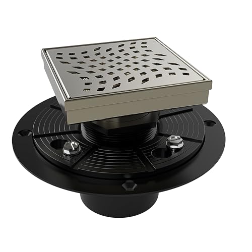 WEBANG 4 Inch Square Shower Drain Nickel Floor Drain with Flange Wave-Hole Pattern Cover Grate Removable SUS304 Stainless Steel Watermark&CUPC Certified Brushed Nickel