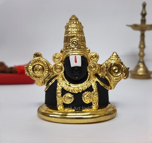Image of Gold Art India Lord Tirupati Balaji Idol Gold Plated Black Body Murti for Mandir | Lord Vishnu Shree Venkateswara Swamy Statue for Pooja Room | Balaji Bust for Gift God Balaji for Home Decor